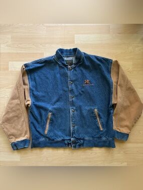 Vintage 90s ID Wear 2 Tone Blue Denim Beige Varsity Jacket Size Large Synergy3
